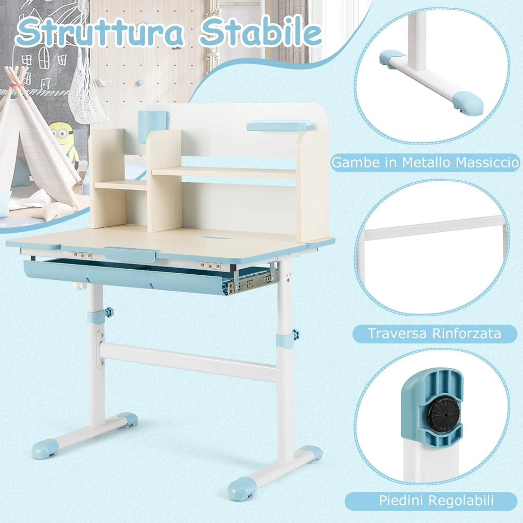 Scrivania per Bambini 3+ Anni Regolabile in Altezza 50-73 cm, Blu | Scrivania da Studio con Piano Inclinabile 60°, Scrittoio Cameretta con Scaffale, Cassetto, Portapenne e Righello