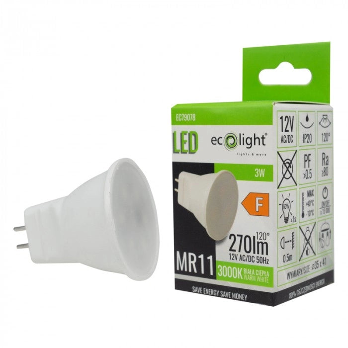 Lampadina LED anti-sfarfallio MR11 3W 12V 3000K 270lm Ecolight