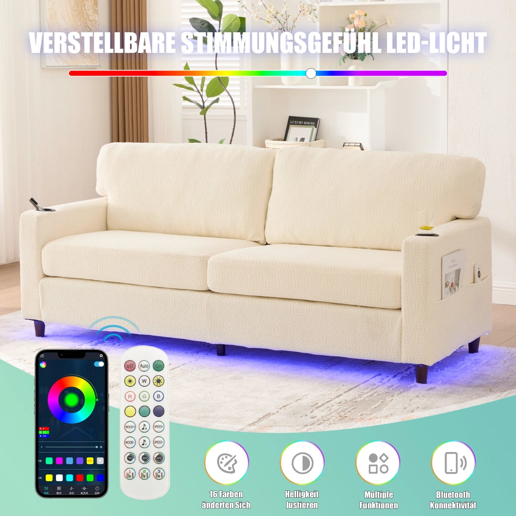 DIVANO 2 posti 203 cm Chenille beige con USB-C, LED, tasche e portabicchieri