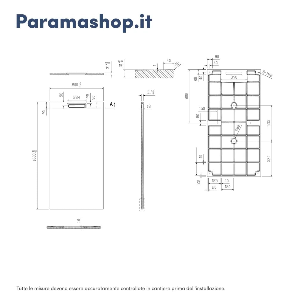 Piatto doccia 80x160 cm in marmoresina nero effetto pietra | Paros