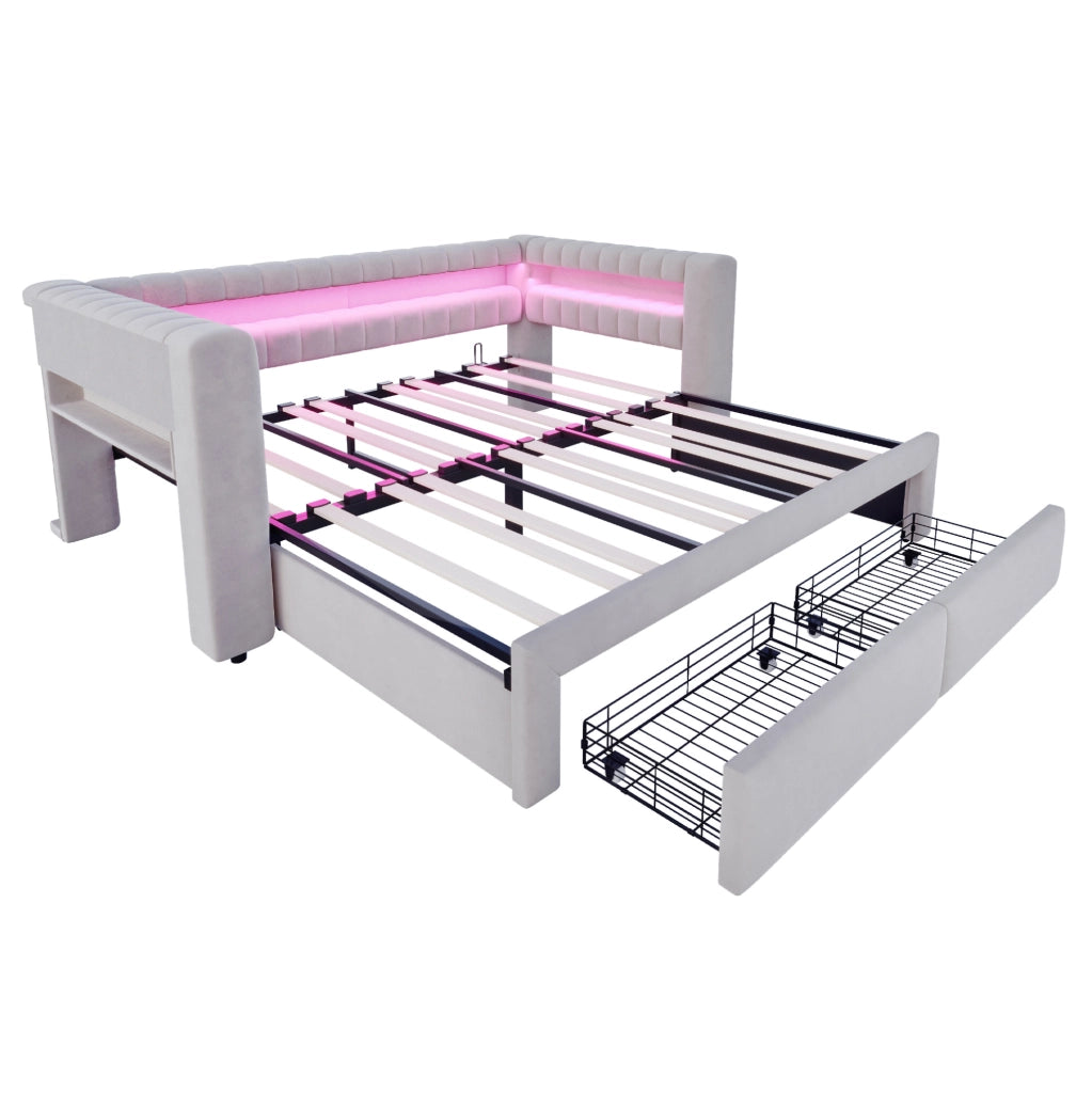 Divano letto ULEVR 90x190/180x190 cm estraibile con 2 cassetti, LED, USB e Type-C, velluto grigio chiaro
