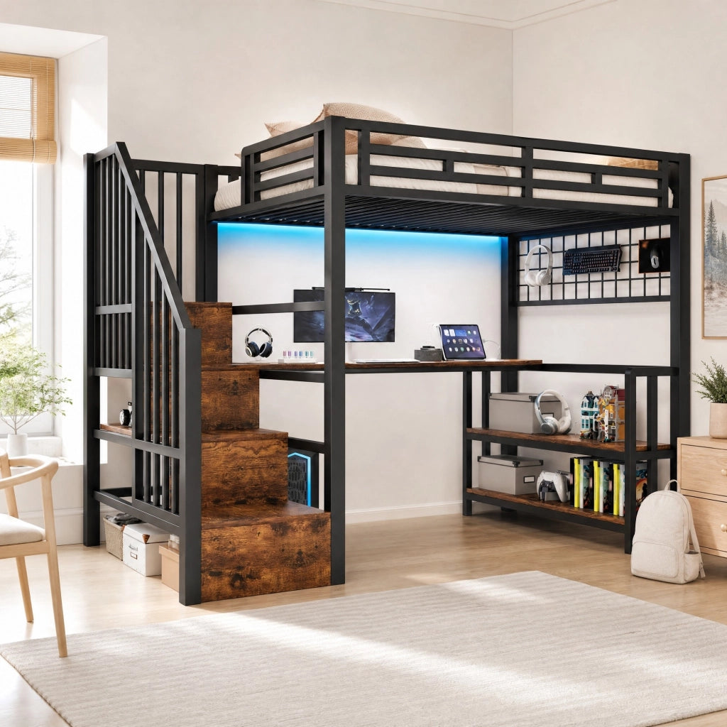 Letto a soppalco 90x200 cm con scrivania, LED e USB