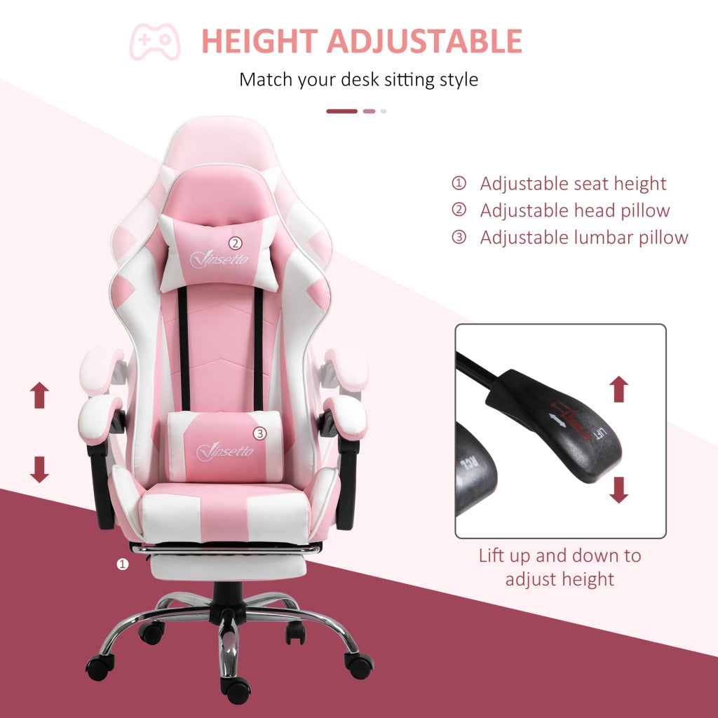 Sedia da gaming ergonomica con poggiapiedi, altezza regolabile e ruote girevoli 360°, in pelle sintetica rosa