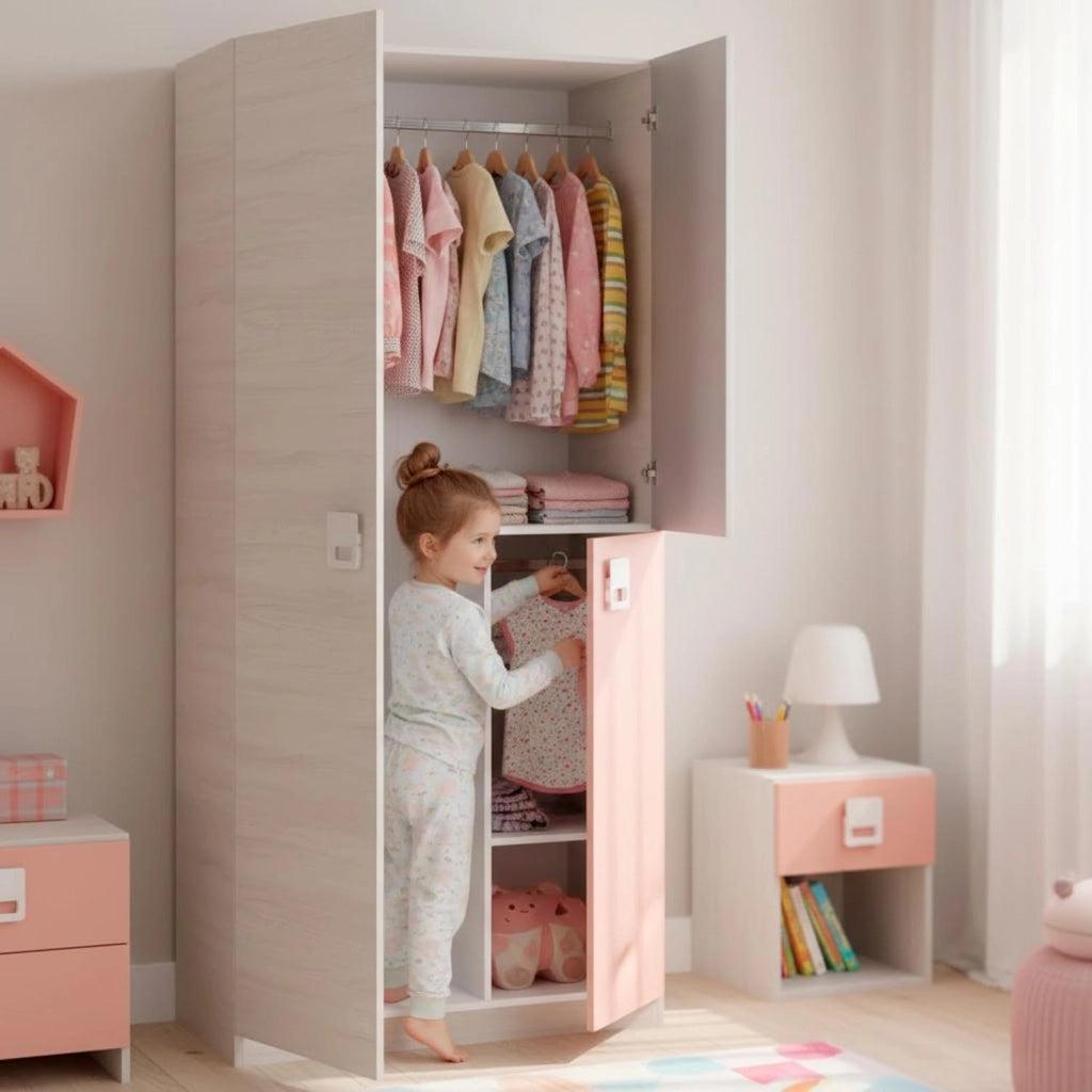 Armadio A 3 Ante Per Camera Ragazzi Con Barra Appendiabiti E 3 Ripiani Design Moderno Salvaspazio 200 X 52 X 90 Cm Bianco Alpi Grigio E Rosa