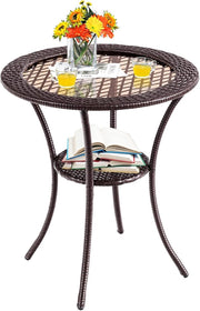Tavolo Appoggio da Giardino, a 2 Ripiani, Rotondo, Tavolino Esterno in Rattan e Vetro, Resistente all'Intemperie, Portata di 35 kg, per Piscina/Patio/Balcone, 64 x 71,5 cm