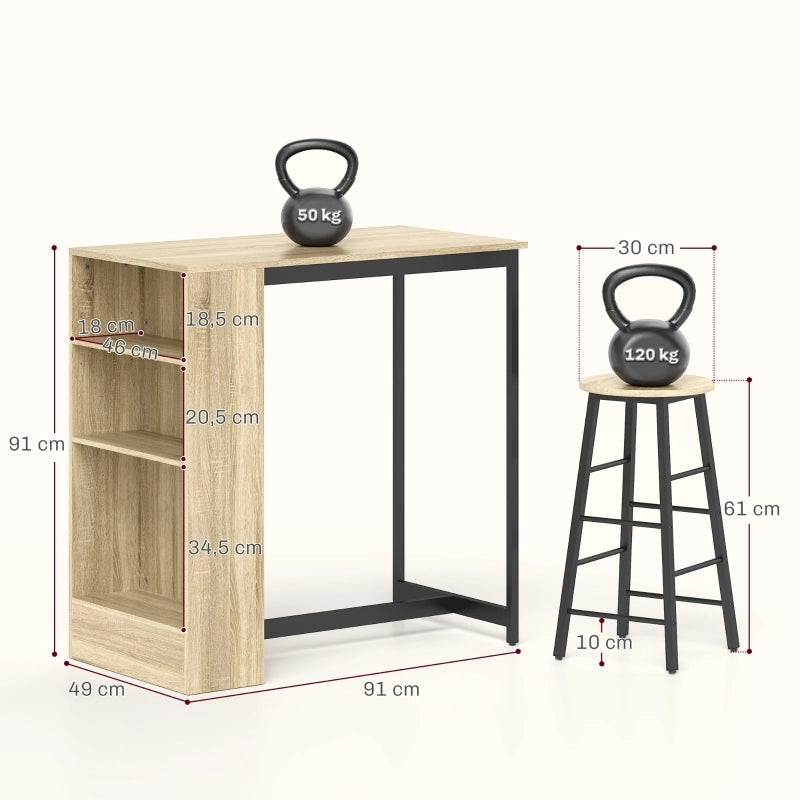 Set tavolo bar 3 pezzi con 2 sgabelli, vano portaoggetti, stile moderno industriale, nero