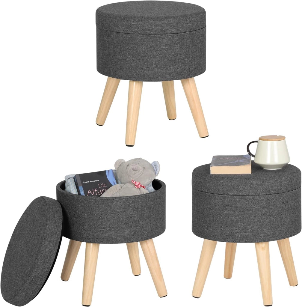 Set di 2 Pouf Contenitore Sgabello Basso Sedia Rotonda Poggiapiedi Gambe in Legno Grigio Scuro