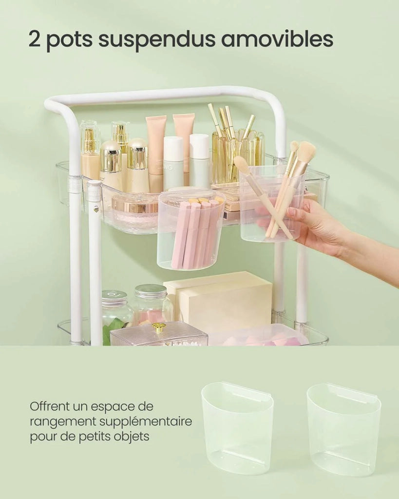 Carrello di servizio mobile a 3 livelli con ruote ripiano portaoggetti con maniglia 2 pentole 2 freni cestini in plastica facile da montare per camera da letto cucina bianco 12_0005040