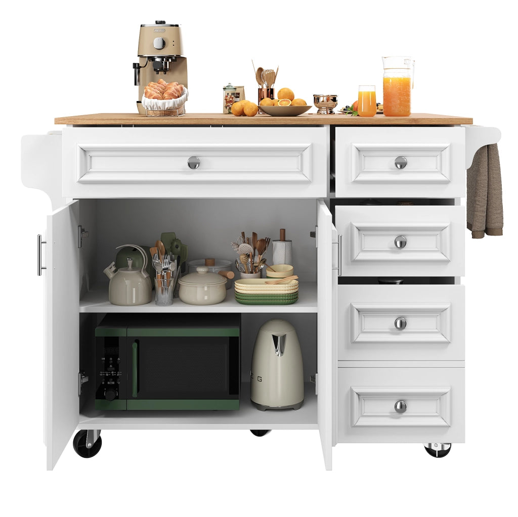 Isola da cucina 110x75x92 cm; con piano pieghevole; cassetti e ripiani; MDF bianco