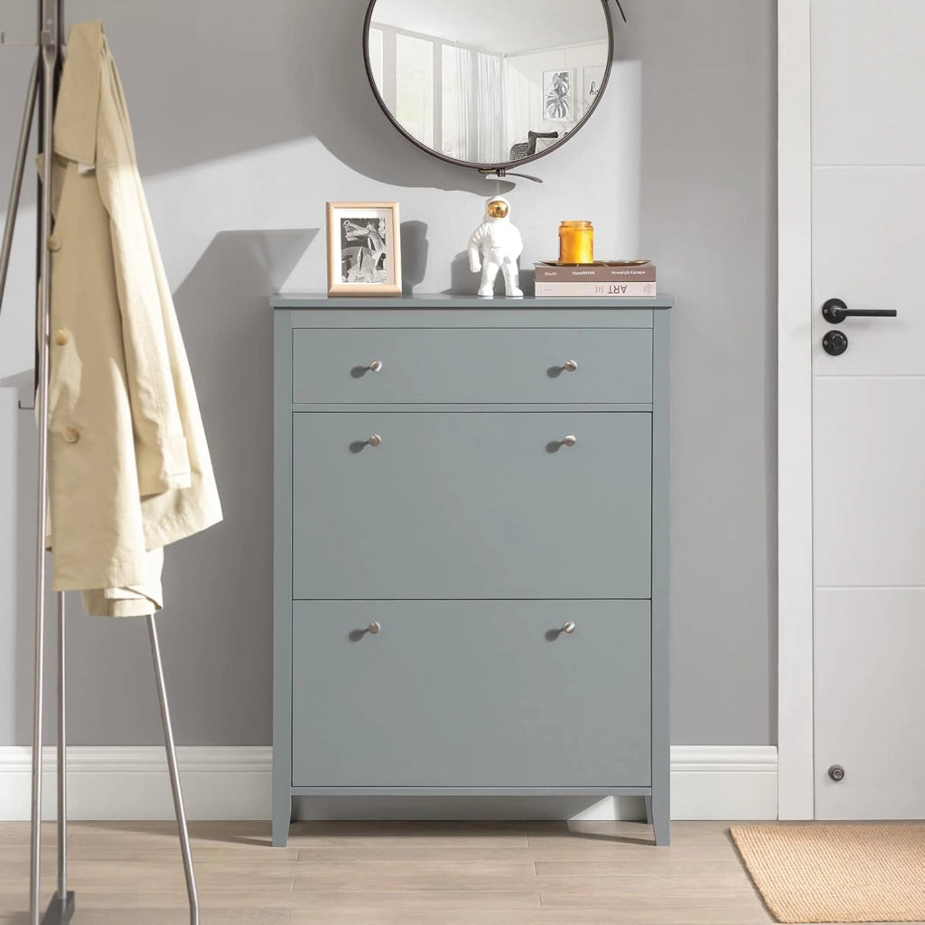 Scarpiera Salvaspazio Slim Ingresso con 2 Ribalte e Cassetto – Mobile Scarpiera Grigio Moderna per Corridoio Stretto, MDF E1, 80x25x108cm, FSR89-HG
