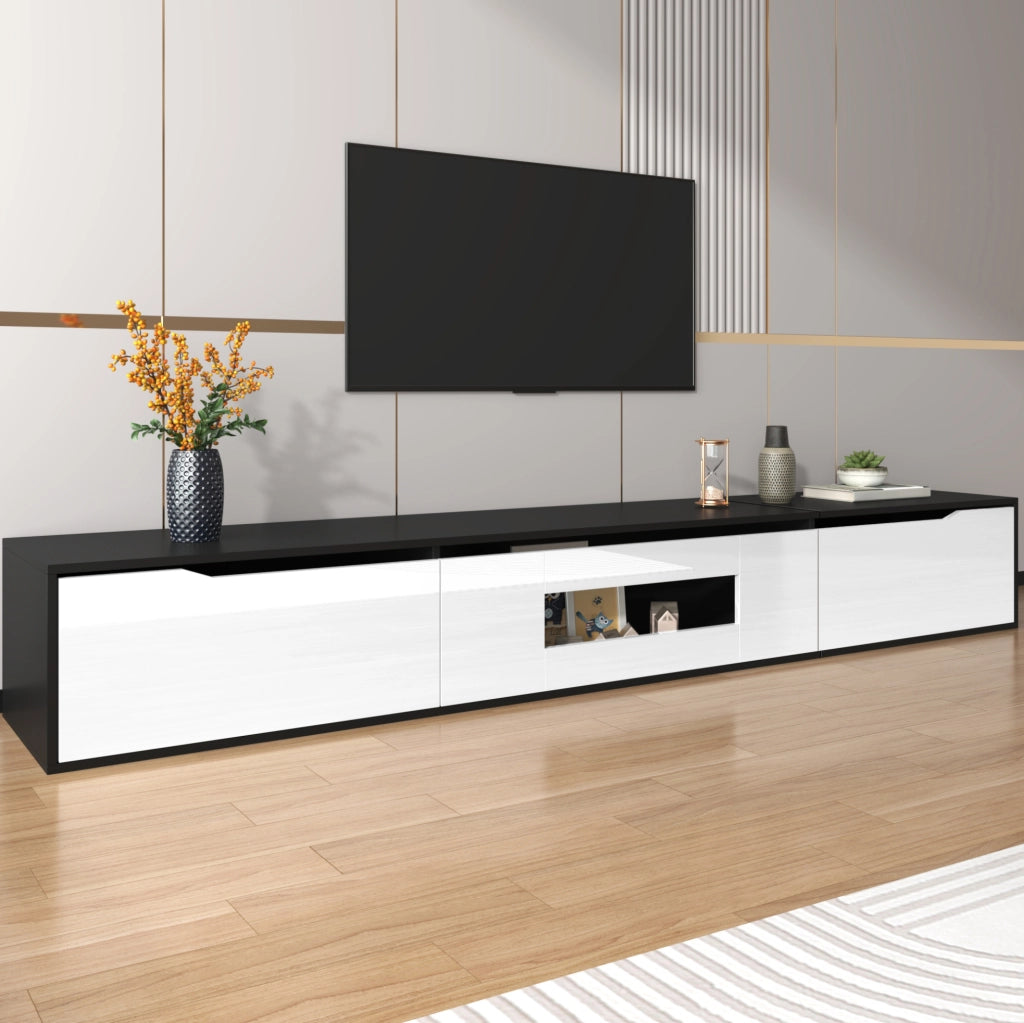 Mobile TV 180 cm lucido nero e bianco con LED; montaggio a parete o a terra
