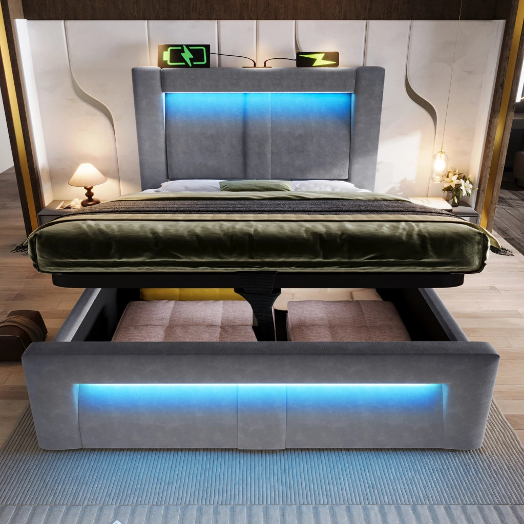 Letto singolo 90x200 cm con contenitore; LED; USB e Type-C; testiera curva in velluto grigio