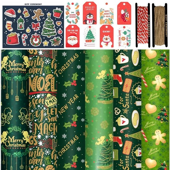 Set di carta da regalo per Natale da 6 fogli - Carta kraft 70 x 50 cm - Tema renna - Etichette di regalo 8 pezzi - Adesivi 12 pezzi - Nastro da regalo 2 rulli