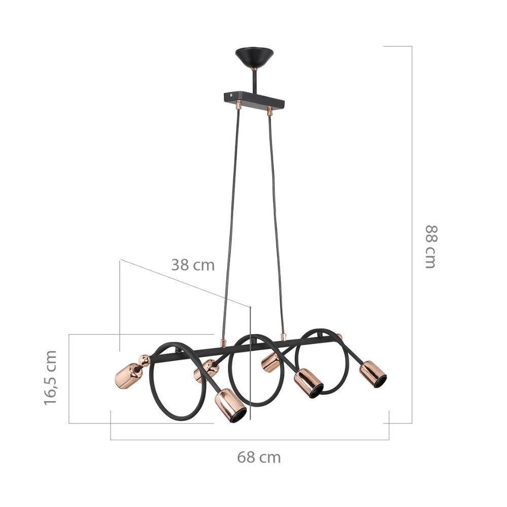 Lampada da soffitto Derbent MDL3938 in metallo nero con sei porta lampade H88xL68
