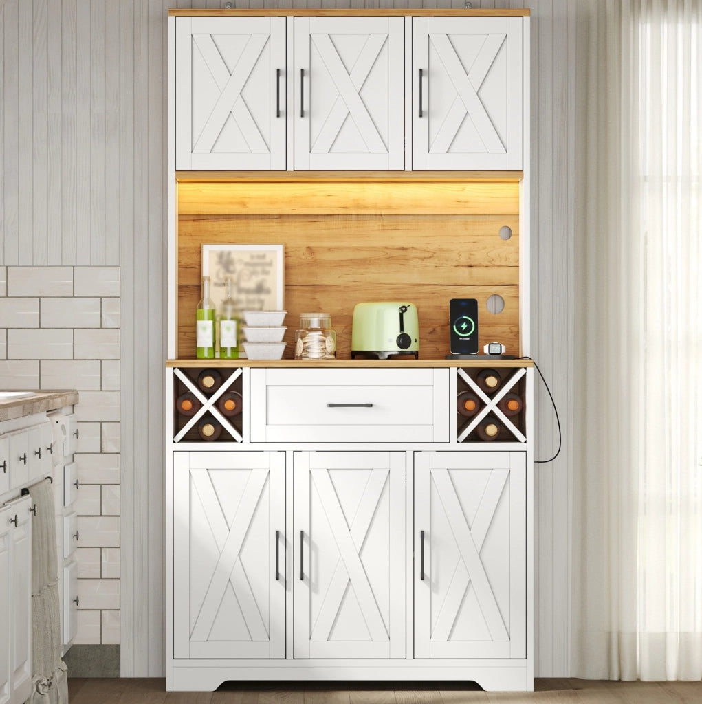 Credenza cucina alta con LED RGB; prese e portasvino; 105x40x180 cm; MDF bianco naturale