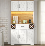 Credenza cucina alta con LED RGB; prese e portasvino; 105x40x180 cm; MDF bianco naturale