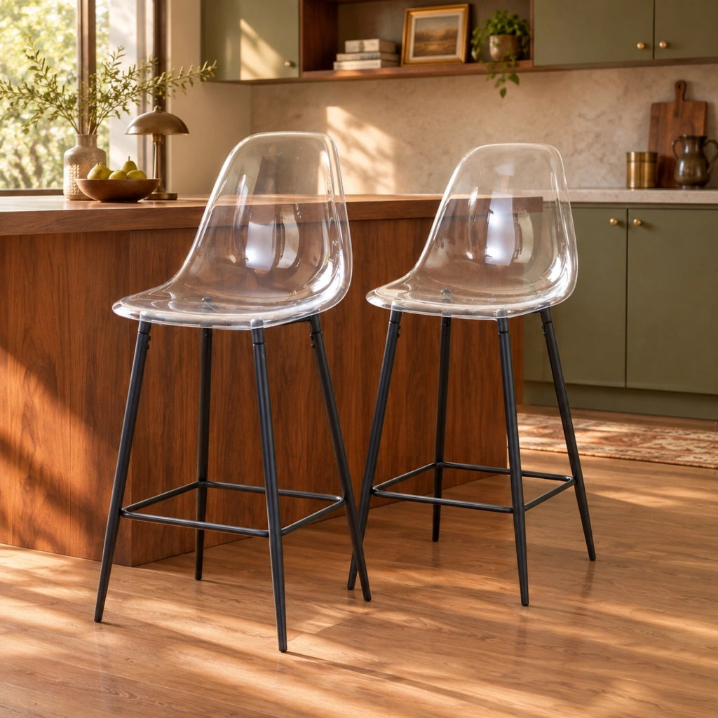 Set di sgabelli da bar trasparenti con struttura in metallo nero
