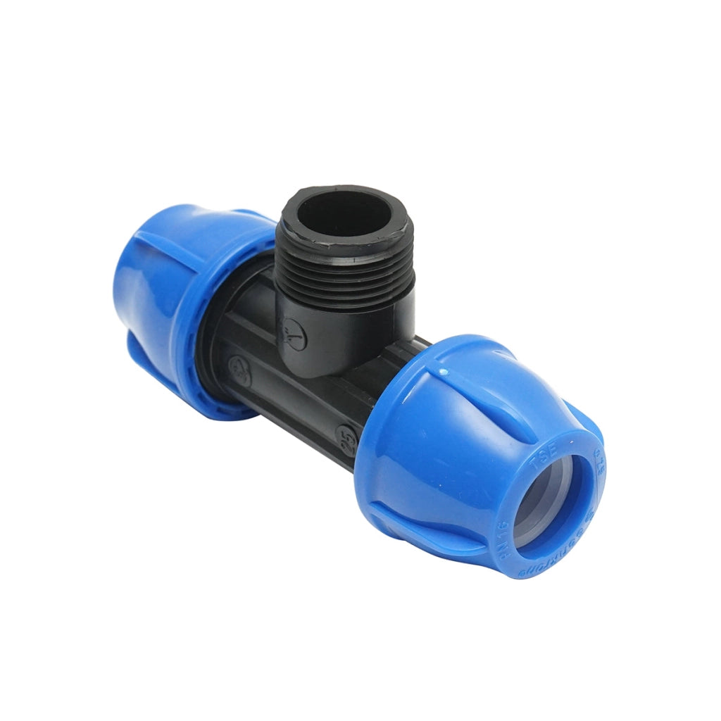 Quadrato a T di compressione con filettatura esterna maschio a 90 gradi D25x25mmx1, PN16 bar per sistemi di irrigazione.