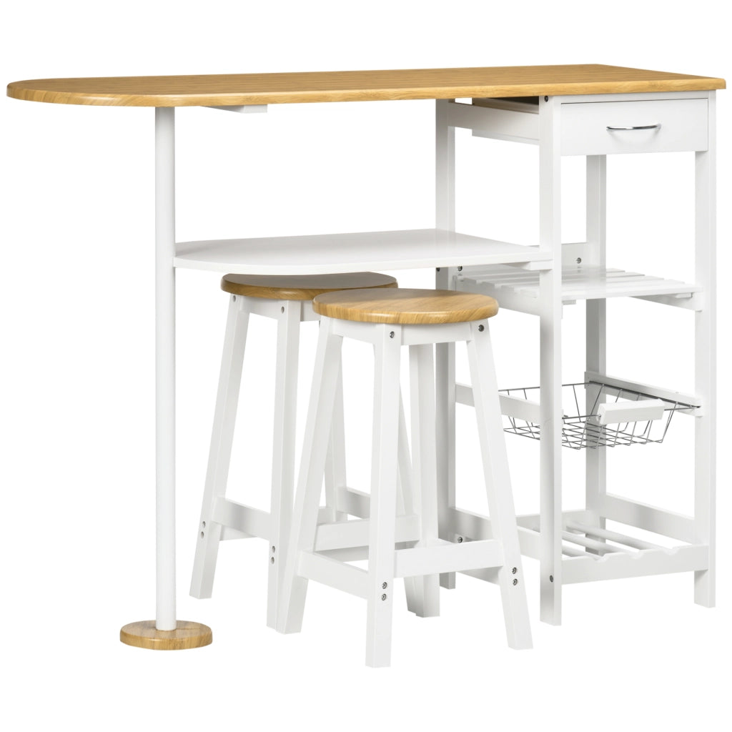 Set tavolo da bar con cestino e bottigliere e 2 sgabelli ¨C zephmum ¨C Bianco 119x38,5x88,5 cm