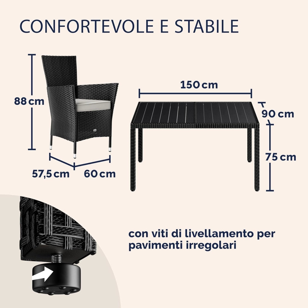 ® Set Mobili da Pranzo da Giardino in Polyrattan 6 Sedie Impilabili Tavolo 150x90cm in WPC Legno Resistente da Terrazza Esterno Nero