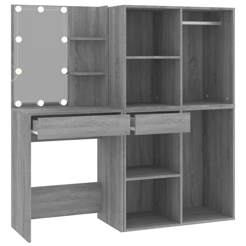 Toeletta | Tavolo da Trucco con LED e Armadietti Grigio Sonoma Legno Multistrato