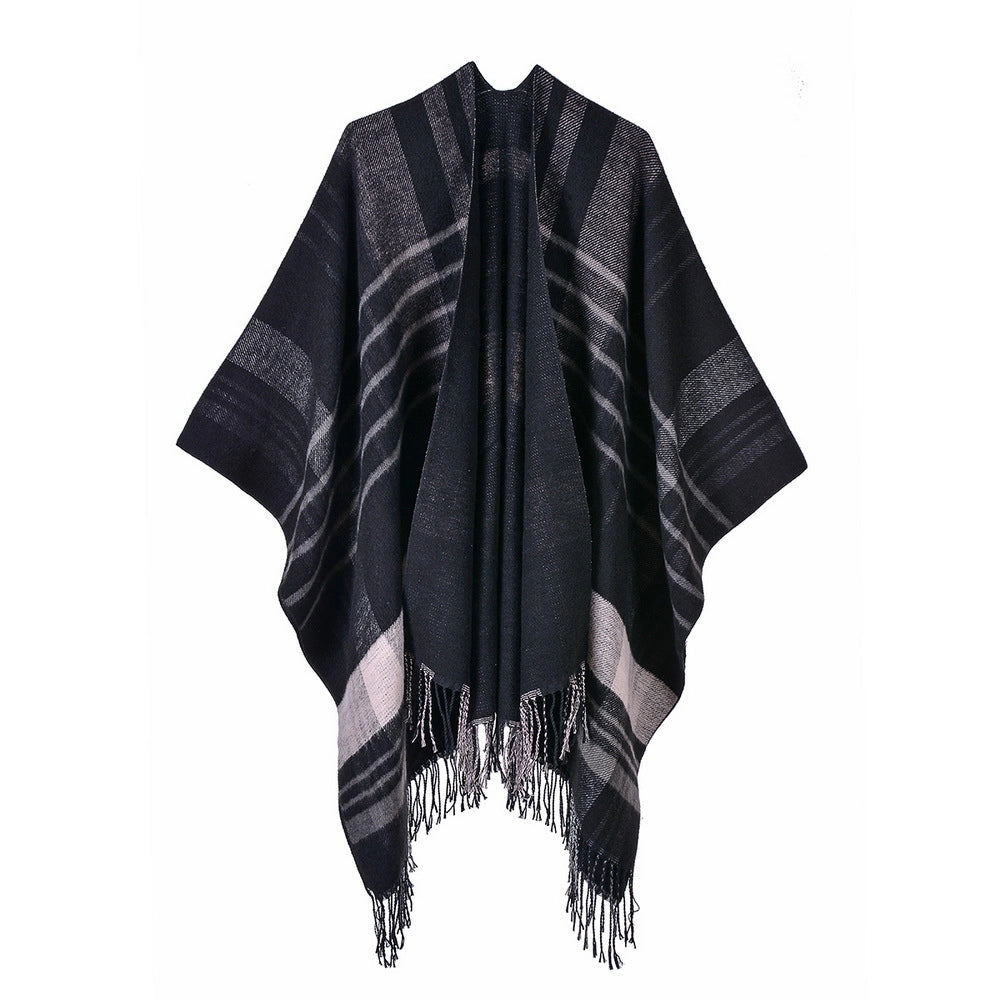 Sciarpa da donna in cashmere extra spessa e calda con nappe e motivo a quadri.