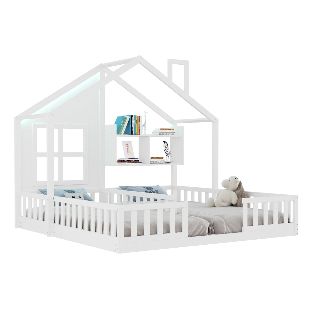 Letto per bambini a forma di casa con LED e doghe, 90x200 cm, bianco