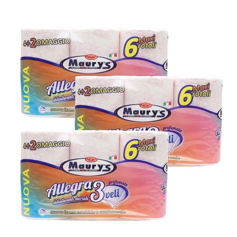 KIT SET 3 PZ MAURY'S CARTA IGIENICA 6 MAXI ROTOLI 3 VELI COLORATA PROFUMATA