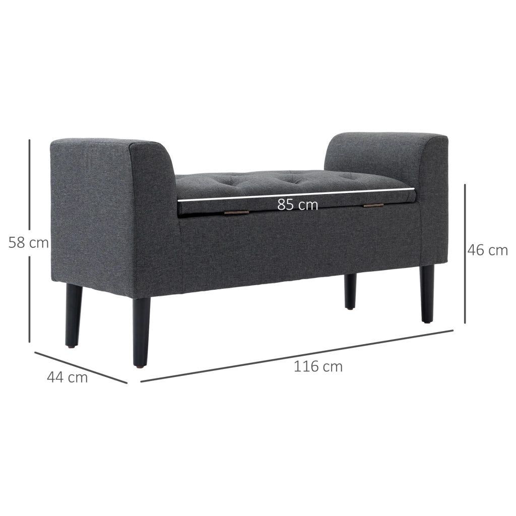 Banca contenitore imbottita con vano portaoggetti e seduta pieghevole in poliestere grigio scuro 116 × 44 × 58 cm