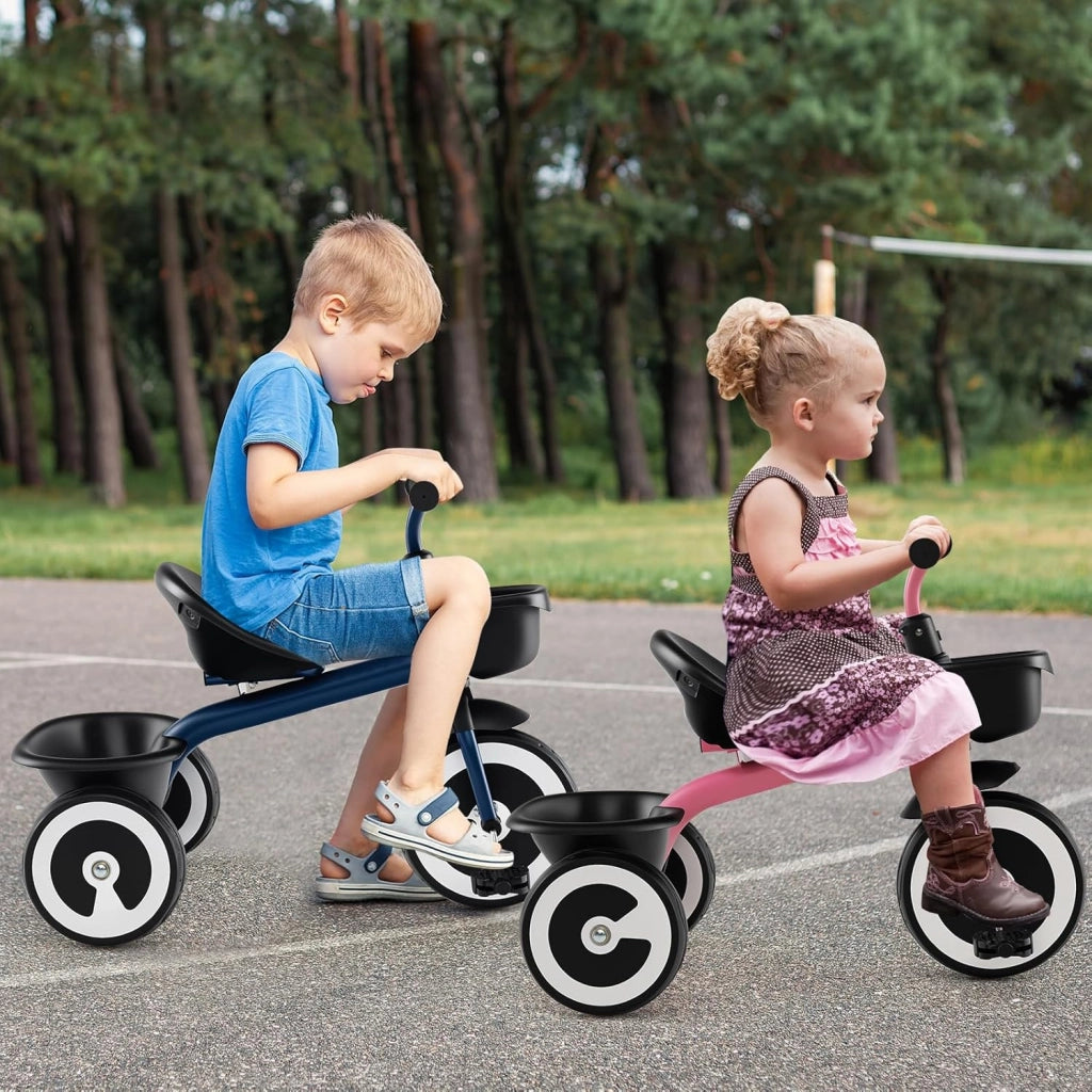 Triciclo per Bambini, Trike con Sede Regolabile Cestini Anteriori e Posteriori, Bicicletta a 3 Ruote con Telaio in Ferro Carbonioso di Alta Resistenza, per Bambini 1,5-5 Anni (Rosa)