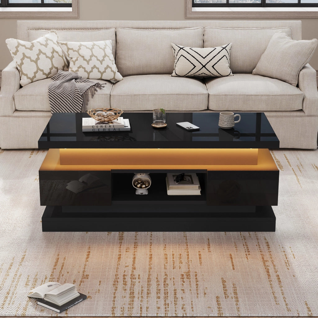 Tavolino basso sollevabile con LED, 2 cassetti e vano contenitore nascosto, per soggiorno, nero, 100 × 50 × 40 cm