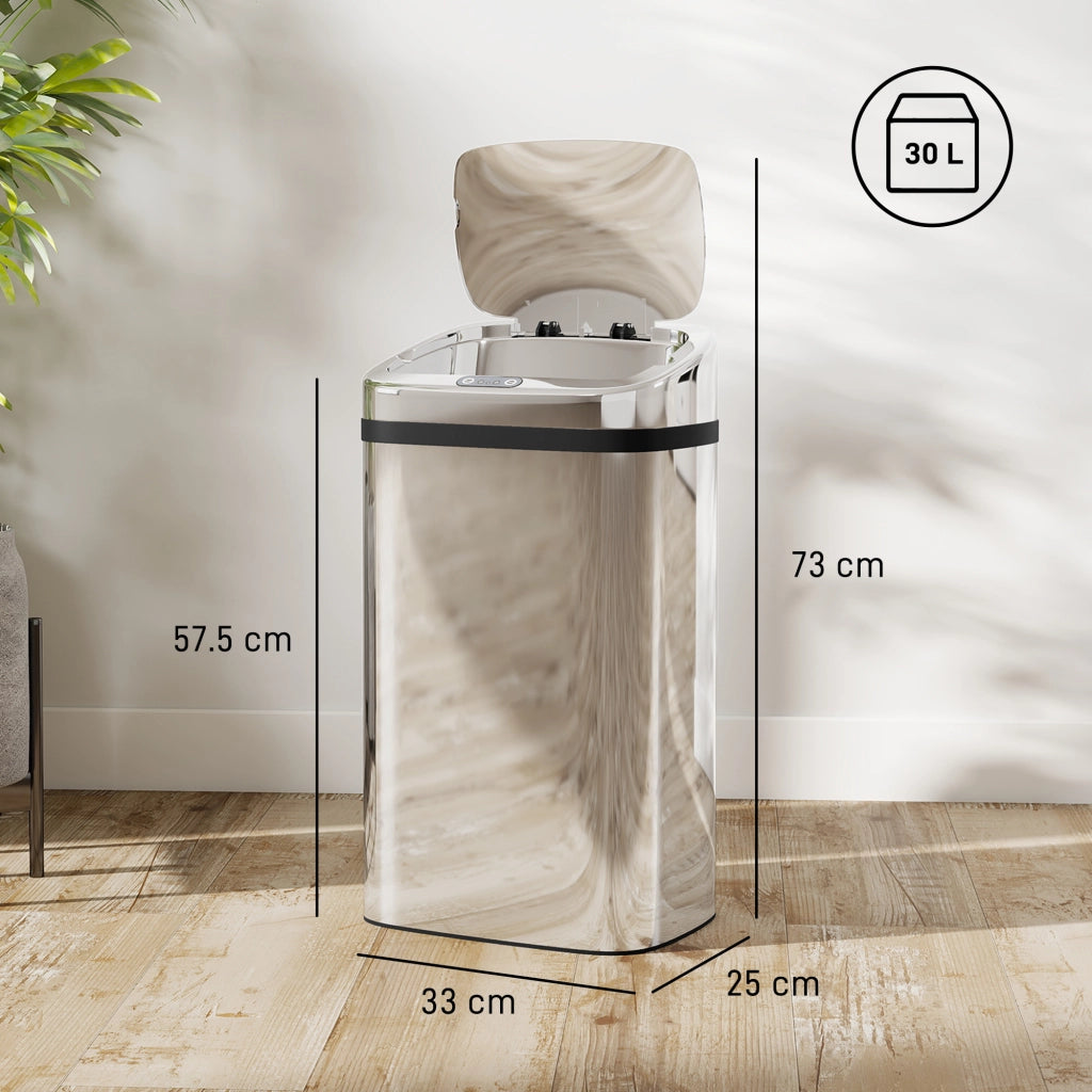 Bidone per Rifiuti da 30L con Sensore per Apertura e Chiusura Automatica 33x25x57,5 cm in ABS PP e Acciaio Argento