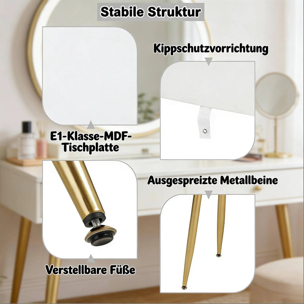 Tavolo trucco con specchio LED, 3 cassetti e sedia