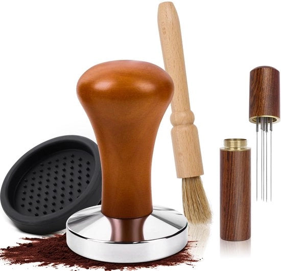 Tamper per caffè 58 mm in acciaio inossidabile, con piedino di tamper e set di spazzole per pulizia, adatto per baristi, design in legno elegante.