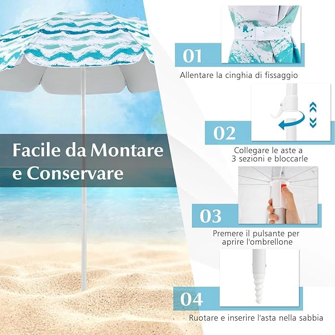 Set da Spiaggia di 4 Pezzi con Ombrellone, 2 Sedie Pieghevoli, Coperta da Picnic, Parasole Portatile per Esterni con Meccanismo di Inclinazione, Portabicchieri, Braccioli