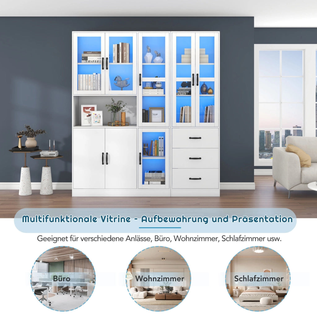 Vetrina combinata bianca con LED, 8 ante e 3 cassetti, 180 x 40 x 200 cm