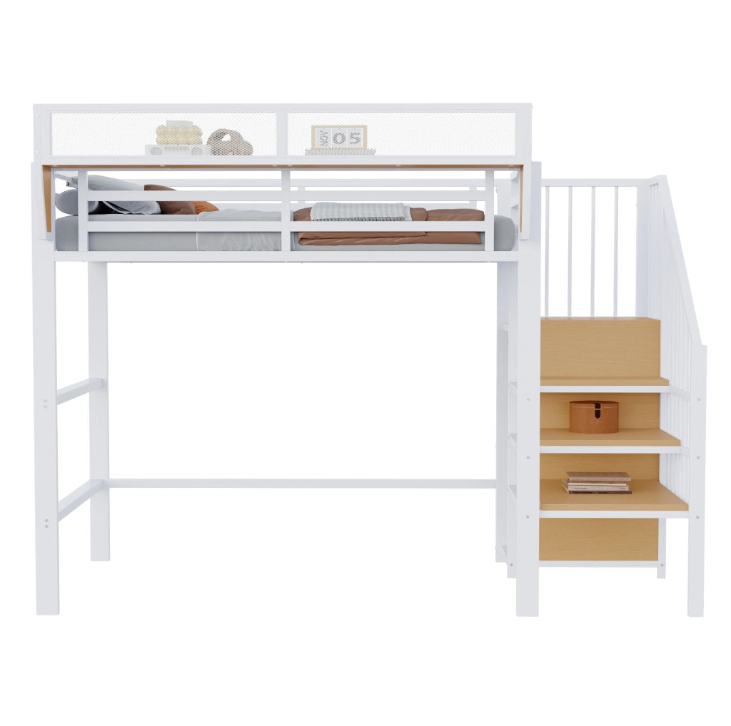 Letto a soppalco 90x200 in metallo bianco con scala di sicurezza e ripiano