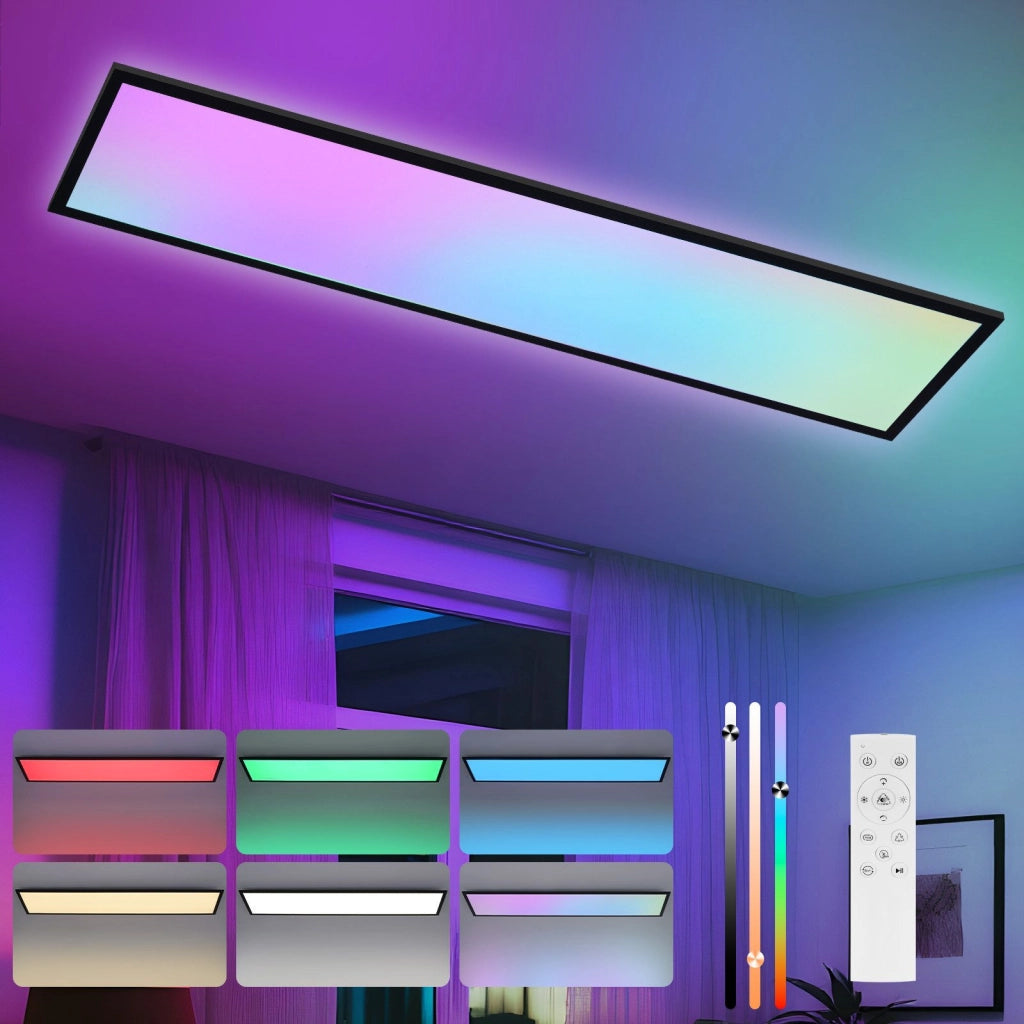 ZMH Plafoniera LED 120x30 cm Dimmabile RGB Cambio Colore da Soffitto Piatto con Telecomando 39W Nero per Ufficio