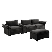 Divano modulare angolare 4 posti in chenille nero con pouf, ricarica wireless, altoparlanti Bluetooth e luci dimmerabili