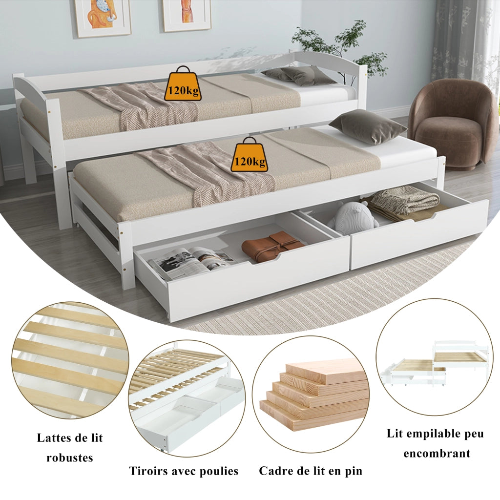 Letto Estraibile 200x90 cm e 190x90 cm; con 2 Cassetti e Sponda - in Legno - Bianco