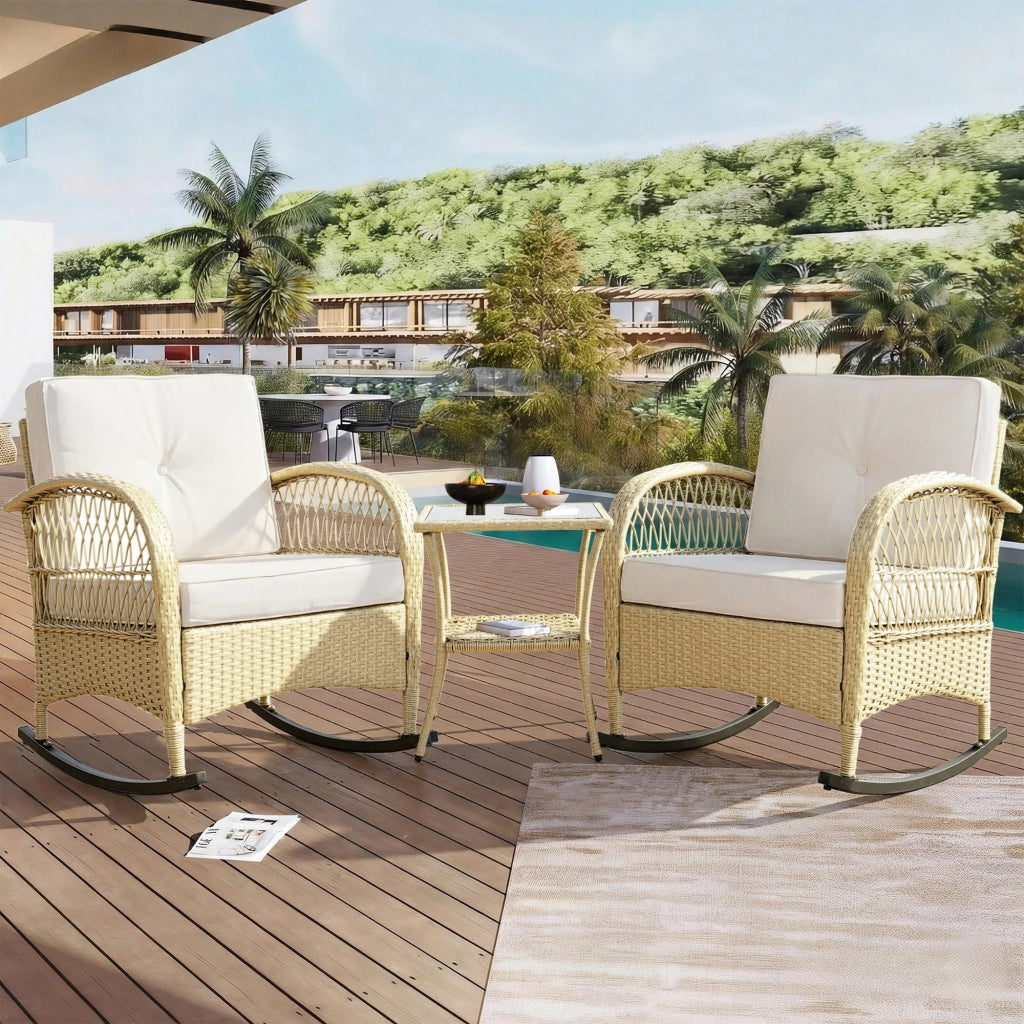Set mobili balcone rattan 3 pezzi: sedia dondolo; cuscini beige; portata 160kg