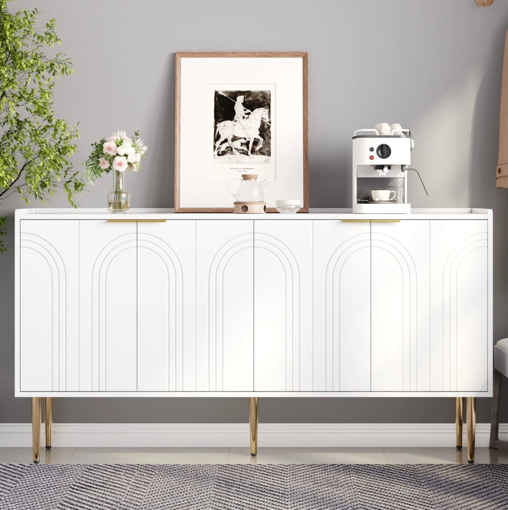 Sideboard 140x38x75 cm con 4 ante; ripiani regolabili; MDF; bianco