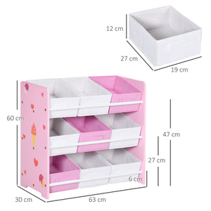 Scaffale Portagiochi per Bambini 63x30x60 cm con 9 Cestini in Tessuto in MDF Rosa e Bianco