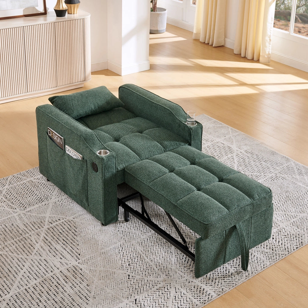 Fauteuil convertible con funzione letto, schienale regolabile, USB e portabicchieri, in tessuto verde 190 cm