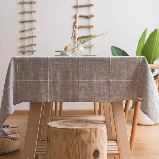 Tavolo quadrato coperto con tessuto di cotone e lino ecologico, telaio liscio, gomitoli di seta come tovagliato per la cucina (135 x 220 cm, grigio)