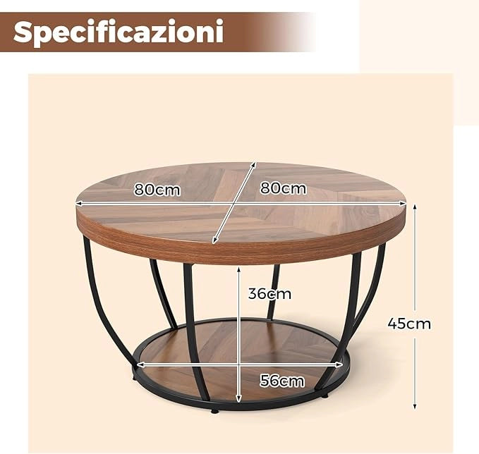 Tavolino da Caffè Rotondo a 2 Ripiani, Tavolo da Salotto in Legno con Struttura in Metallo, Tavolino Soggiorno Industriale con Piedini Regolabili, 80 x 80 x 45 cm (Moderno)