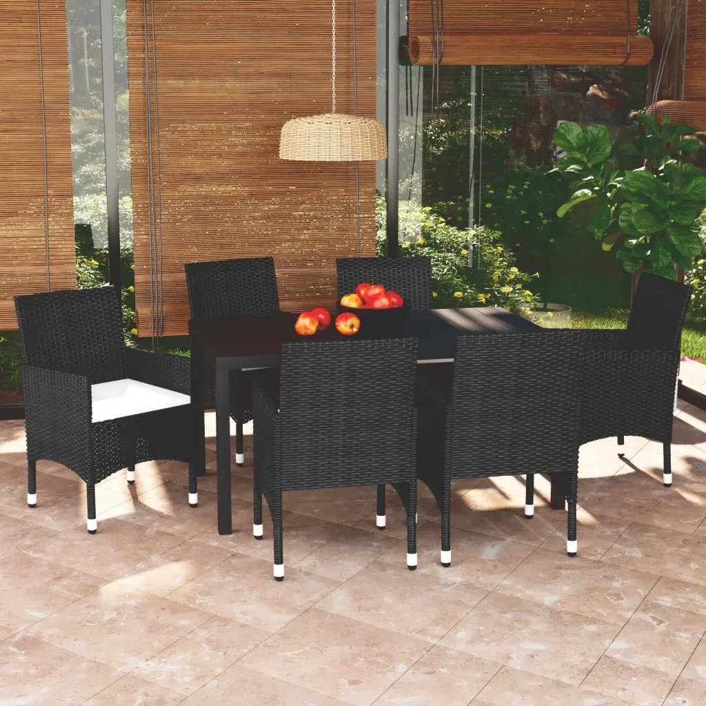 Set da Pranzo per Giardino 7 pz con Cuscini Polyrattan Nero 3095012