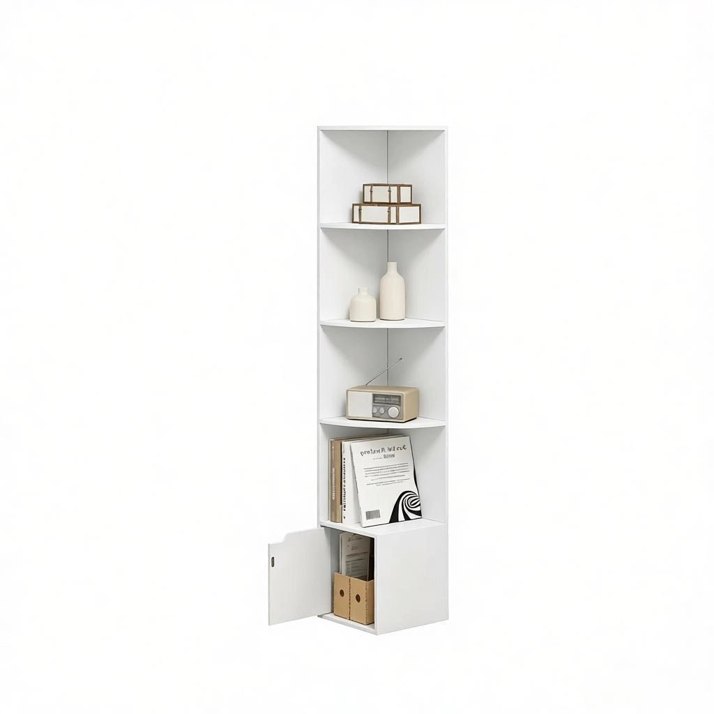 Scaffale angolare con anta bianco a 5 ripiani aperti, libreria salvaspazio in legno E1 29,5x157,5 cm