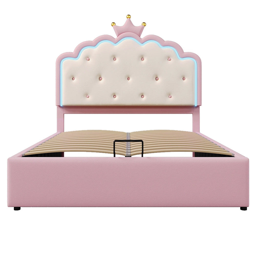 Letto a cassapanca principessa - Xylo - 140x200 cm - Rosa - Telecomando idraulico