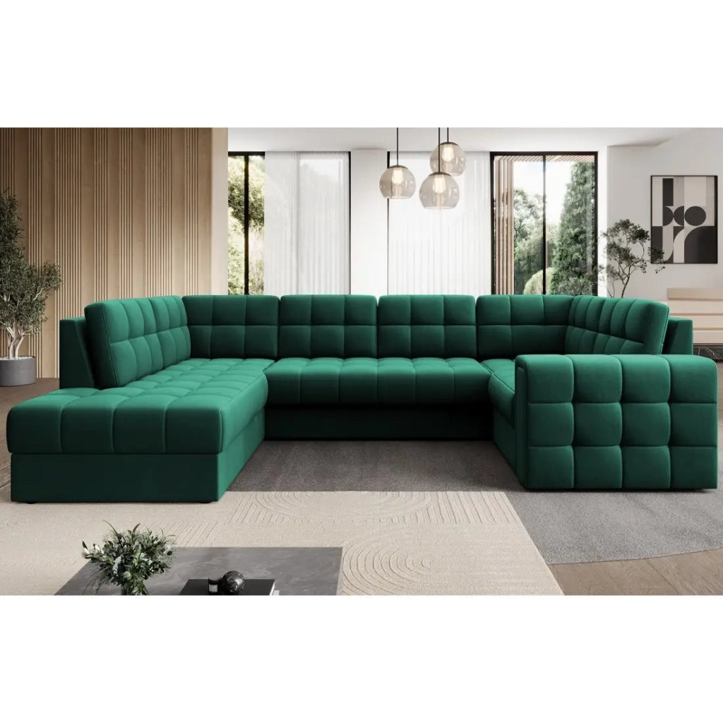 Divano ad angolo convertibile MONTEZA verde sinistro 299 cm con vano contenitore e letto